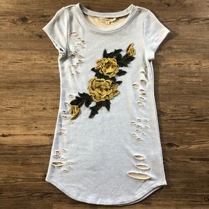 Embroidered flower appliqué distressed dress